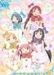  akemi_homura border cat_bell cat_paws catsuits kaname_madoka mahou_shoujo_madoka_magica mami_tomoe official_art paws sayaka_miki striped_background 