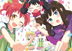  5girls black_hair blonde_hair blue_eyes blush blush_stickers bow brown_hair card closed_eyes commentary_request facing_viewer fangs gaaruru_(pripara) gloves hairband holding holding_card idol_time_pripara index_finger_raised kurosu_aroma long_hair looking_at_viewer manaka_laala meiji_(meizi493) multiple_girls oerba_yun_fang open_mouth pointing pointing_at_viewer pretty_series pripara purple_eyes purple_hair red_bow red_hair shiratama_mikan short_hair short_twintails smile twintails white_gloves yellow_eyes yumekawa_yui 