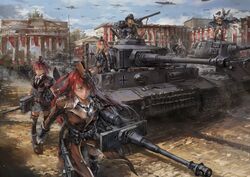  banner blonde_hair blue_eyes brandenburg_gate cannon iron_cross kishiyo long_hair metal_waltz nazi plane red_hair short_hair side_ponytail tie tiger_i tiger_ii uniform white_hair 