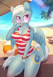  2018 anthro ball beach beach_ball clothing conditional_dnp cutie_mark detailed_background digital_media_(artwork) equid equine eyewear feathered_wings feathers female fleetfoot_(mlp) friendship_is_magic glistening glistening_body glistening_clothing hair hasbro hi_res inflatable mammal my_little_pony mythological_creature mythological_equine mythology one-piece_swimsuit outside pegasus sand seaside sky solo swimwear water whisperingfornothing wings wonderbolts_(mlp) 