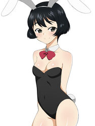  animal_ear_hairband animal_ears bare_legs black_eyes black_hair bow bowtie commentary_request detached_collar fake_animal_ears female girls_und_panzer hairband highres kagemusha playboy_bunny rabbit_ear_hairband rabbit_ears rabbit_tail short_hair solo standing tail utsugi_yuuki wrist_cuffs 