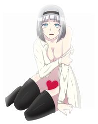  anna_nishikinomiya arm_support bad_id bad_pixiv_id black_thighhighs blush breasts censored cleavage female green_eyes grey_hair groin headband heart heart_censor highres large_breasts off_shoulder open_clothes open_mouth open_shirt shimoneta_to_iu_gainen_ga_sonzai_shinai_taikutsu_na_sekai shirt smile solo thighhighs thighs vyuxx white_background 