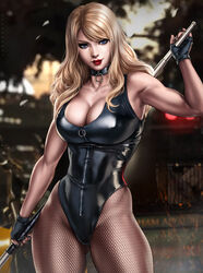  1girls abs bare_arms bare_shoulders bare_skin baton big_breasts black_canary black_clothing black_leotard black_nail_polish black_nails blonde_female blonde_hair blue_eyes breasts child_bearing_hips choker cleavage clothed clothed_female clothing dandon_fuga dc dc_comics dinah_lance female female_focus female_only fingerless_gloves fishnet_pantyhose fishnets fit fit_female gloves green_arrow_(series) hips holding_baton holding_weapon large_breasts leotard light-skinned_female light_skin lips lipstick long_hair looking_at_viewer nail_polish navel red_lips red_lipstick solo solo_female solo_focus standing thick_hips thick_lips thick_thighs thighs thunder_thighs toned toned_body toned_female toned_stomach 