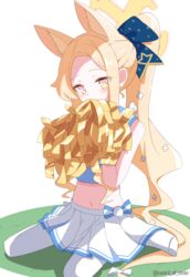  absurdres animal_ear_fluff animal_ears blonde_hair blue_archive blush cheerleader extra_ears female fox_ears halo highres holding holding_pom_poms long_hair looking_at_viewer murasame_(sword_of_nmkr) navel pantyhose pleated_skirt pom_pom_(cheerleading) revision seia_(blue_archive) simple_background skirt solo twitter_username white_background white_pantyhose white_skirt yellow_eyes yellow_halo 