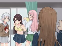  4girls anger_vein bang_dream! bang_dream!_it&#039;s_mygo!!!!! blue_shirt blue_skirt blush bra breasts brown_hair brown_shirt chihaya_anon cleavage collarbone commentary_request curtains danshi_koukousei_no_nichijou dressing empty_eyes green_necktie green_skirt grey_eyes grey_skirt hanasakigawa_school_uniform haneoka_school_uniform highres holding holding_clothes holding_panties holding_underwear indoors kaname_raana long_hair long_sleeves mole mole_under_eye multiple_girls nagasaki_soyo nanami_(nunnun_0410) navel neckerchief necktie nervous_sweating no_pupils no_shirt oerba_yun_fang panties parted_lips pink_hair pleated_skirt purple_eyes red_neckerchief sailor_collar school_uniform serafuku shiina_taki shirt sidelocks skin_fang skirt small_breasts stomach sweat tsukinomori_school_uniform underwear unworn_panties white_hair white_sailor_collar white_shirt yellow_bra yellow_panties 