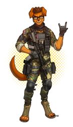  2024 absurd_res american_flag anthro assault_rifle boots brown_body brown_eyes brown_fur camo camo_clothing camo_print canid canine canis clothing devil_horns_(gesture) digitigrade digitigrade_boots domestic_dog eyebrows footwear fur gesture gloves gun hand_gesture handwear hi_res knee_pads looking_at_viewer male mammal military military_uniform pattern_clothing pgm300 pouches ranged_weapon rifle scope shoes soldier solo teeth toeless_footwear toeless_shoes uniform united_states_of_america warrior weapon 