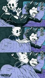  2boys 2femboys annoyed anthro ass ass_focus bed black_eyes black_fur buckteeth comic cute dat_ass faked femboy furry kissing no_sex pac-man_eyes parasitedeath rabbit rabbit_(parasitedeath) safe sharp_teeth sleeping tongue tongue_out tucked_in tucking unexpectedly_good white_fur wholesome wolf wolf_(parasitedeath) 