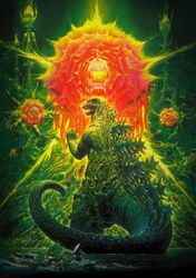  biollante flower godzilla godzilla_(series) highres kaijuu movie_poster official_art open_mouth ourai_noriyoshi photoshop_(medium) red_eyes rose source_request standing teeth toho_(film_company) water watercraft 