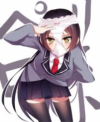  artist_request black_hair black_legwear blush breasts choker female female kajou_ayame kanji large_breasts leaning_forward long_hair meaomao necktie panties panties_on_head pleated_skirt school_uniform shimoneta_to_iu_gainen_ga_sonzai_shinai_taikutsu_na_sekai simple_background skirt solo thighhighs underwear uniform very_long_hair white_panties 