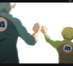  2boys bad_id bad_pixiv_id blue_hair commentary_request fist_bump from_behind green_hair hat horns james_p._sullivan letterboxed male_focus mike_wazowski monsters_inc. multiple_boys mum_(pixiv1182764) personification 