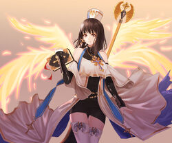  absurdres angel_wings black_skirt book brown_eyes brown_hair commentary_request crosier cross cross_necklace detached_sleeves dress dungeon_and_fighter earrings female female_crusader_(dungeon_and_fighter) female_priest_(dungeon_and_fighter) hat highres jewelry korean_commentary long_sleeves looking_at_viewer necklace pencil_skirt photoshop_(medium) priestess skirt staff standing thighhighs white_dress white_hat white_legwear wings yagyun 