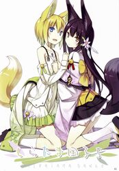  2girls absurdres animal_ear_fluff animal_ears bare_shoulders black_hair blonde_hair blue_eyes detached_sleeves fox_ears fox_tail hair_ornament highres kneeling kuromitsu_nene long_hair magatama multiple_girls oerba_yun_fang orange_eyes original poco_(asahi_age) shiratama_kitsune short_hair simple_background skirt tail white_background 