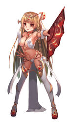  blonde_hair blush breasts chinese_commentary commentary_request female folding_fan hair_ornament hand_fan headpiece highres jewelry large_breasts long_hair long_legs million_arthur_(series) musyne_xsk open_mouth panties pendant photoshop_(medium) red_eyes simple_background solo thighhighs underwear white_background white_panties white_thighhighs 