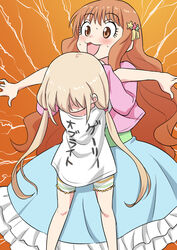  2girls :3 blonde_hair brown_eyes brown_hair clothes_writing commentary_request full_nelson futaba_anzu gachon_jirou gary_albright hair_ornament idolmaster idolmaster_cinderella_girls lightning long_hair moroboshi_kirari multiple_girls orange_background shorts star_(symbol) star_hair_ornament striped_clothes striped_shorts translated twintails 