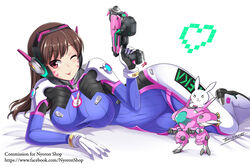  ;p artist_name bodysuit breasts brown_eyes brown_hair commentary commission d.va_(overwatch) english_text facebook_username facial_mark female gun headphones heart large_breasts long_hair looking_at_viewer lying meka_(overwatch) one_eye_closed overwatch overwatch_1 photoshop_(medium) pilot_suit rabbit skin_tight solo the-sinner tongue tongue_out weapon web_address whisker_markings 