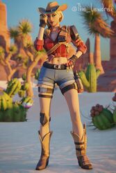  1girls 2020 3d blender blonde_hair boots clothed clothing cowgirl cowgirl_hat cowgirl_outfit epic_games female female_focus female_only fortnite fortnite:_battle_royale hand_on_waist hat headwear highres jean_shorts lewdrex light-skinned_female light_skin looking_at_viewer outdoors outside pose posing rustler solo solo_focus standing watermark 