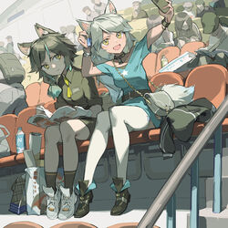  2girls 6+others :d animal_ears bag belt black_hair bleachers bracelet breasts collar dress faceless faceless_female faceless_male fingerless_gloves gloves grey_hair handbag hanging_legs highres holding holding_phone jewelry long_hair multiple_girls multiple_others original parted_bangs phone selfie short_hair short_sleeves sitting small_breasts smile stadium tail tennohi thighhighs white_legwear yellow_eyes 