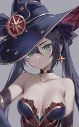  absurdres bare_shoulders black_choker black_hair breasts chinese_commentary choker collarbone commentary_request earrings elbow_gloves female genshin_impact gloves gold_trim green_eyes grey_background hat highres jewelry lin_jingling long_hair mona_(genshin_impact) parted_lips simple_background single_earring small_breasts solo star_(symbol) star_earrings twintails upper_body witch_hat 