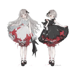  2girls ambiguous_red_liquid animal apron bad_id bad_pixiv_id bare_arms black_dress black_footwear black_ribbon black_vs_white blood blood_on_clothes bloomers bobby_socks closed_mouth collared_dress dress feline flower full_body grey_dress grey_hair hair_bun hair_ribbon half_updo holding holding_animal long_hair looking_away looking_down looking_to_the_side mary_janes multiple_girls nekosuke_(oxo) original rabbit red_eyes revision ribbon rose shoes side-by-side single_hair_bun skirt_hold sleeveless sleeveless_dress socks standing underwear very_long_hair waist_apron white_apron white_background 