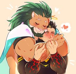  2boys animal_ears arsalan_(housamo) bara beard black_hair blush bodysuit brown_fur closed_eyes english_commentary facial_hair flying_sweatdrops furry furry_male furry_with_non-furry green_hair halo heart highres hug hug_from_behind interspecies lion_boy lion_ears lion_tail lisuchi long_sleeves male_focus multiple_boys muscular muscular_male short_hair skin_tight smile sparkle spoken_heart stubble sweat tail tokyo_afterschool_summoners turtleneck whiskers yaoi yellow_eyes zabaniyya_(housamo) 