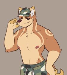  anthro athletic athletic_anthro athletic_male bottomwear canid canine canis clothed clothing facial_expressions fur_pattern hat headgear headwear heny hi_res male mammal nipples shorts smile snaftfc solo topless topless_male wolf 