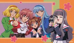  5girls black_hair blonde_hair blue_eyes blue_hair braid brown_hair cardcaptor_sakura creator_connection crossover daidouji_tomoyo glasses green_eyes hair_intakes hairband hououji_fuu kinomoto_sakura long_hair looking_at_viewer magic_knight_rayearth multiple_girls open_mouth parody pink_hairband recording red_eyes red_hair ryuuzaki_umi school_uniform shidou_hikaru short_hair smile style_parody tam_(tam0804) tomoeda_elementary_school_uniform 