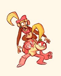  3_toes 4:5 5_toes anthro barefoot beret bottomless clothed clothing dixie_kong donkey_kong_(series) duo ear_piercing eyelashes fangs feet female female/female fluttershythekind hat headgear headwear hi_res kong koopa mammal mario_bros navel nintendo piercing pink_body pink_scales pom_pom_(mario) primate scales scalie shell sitting_on_back smile teeth toes 