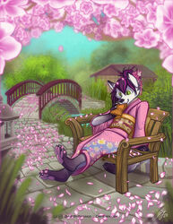  2020 accessory ambiguous_gender anthro asian_clothing bench bridge canid canine cherry_blossom clothed clothing detailed_background east_asian_clothing eating floral_print flower food forest green_eyes hair_accessory hi_res japanese_clothing kimono looking_aside looking_at_self mammal outside pawpads petals plant prunus_(flower) reeds river sitting solo tree water zhivago_(artist) 