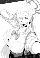  asuna_(blue_archive) asymmetrical_bangs bag blue_archive bow bowtie bra bra_peek bra_visible_through_clothes breasts button_gap buttons choker clenched_teeth collarbone female greyscale hair_over_one_eye hair_ribbon halo highres holding holding_bag large_breasts long_hair looking_at_viewer monochrome ribbon school_uniform selfie solo teeth tomohiro_kai underwear v 