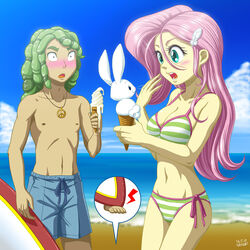  1:1 2016 5_fingers 5_toes accessory angel_(mlp) artist_name beach bikini blue_eyes blue_sky blush blush_lines clothed clothing colored colored_edge_bikini dated dessert equestria_girls feather_in_hair feathers feet female fingers fluttershy_(eg) foam food friendship_is_magic fur glistening glistening_hair green_hair hair hair_accessory hasbro hi_res holding_food holding_object human human_focus ice_cream ice_cream_cone lagomorph leporid long_hair looking_at_another male male/female mammal my_little_pony navel nipples open_mouth peace_symbol pink_hair portrait rabbit sandalwood_(eg) seaside shoulder_length_hair sky surfboard swimming_trunks swimwear three-quarter_portrait toes topless topless_male uotapo white_body white_clouds white_fur 