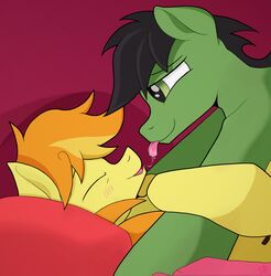  2022 anon anon_stallion bed black_hair black_mane blush blush_lines bodily_fluids braeburn_(mlp) closed_eyes digital_media_(artwork) duo earth_pony equid equine eyebrows feral friendship_is_magic furniture green_body hair hasbro hi_res horse lying male male/male male_on_bottom male_on_top mammal mane my_little_pony on_back on_bottom on_front on_top orange_hair orange_mane pillow pony saliva saliva_string sefastpone simple_background smile tongue tongue_out yellow_body 