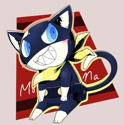  2020 ambiguous_gender atlus bandana belt black_body black_fur blue_eyes blush chibi dipstick_tail domestic_cat english_text felid feline felis fur hi_res kerchief mammal markings mask megami_tensei megami_tensei_persona morgana_(persona) multicolored_tail paws persona_(series) persona_5 scarf sega smile solo tail tail_markings tatu_wani_(artist) teeth text tuxedo_cat white_body white_fur 