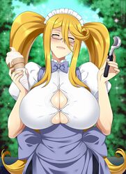  :d alternate_costume alternate_hairstyle blonde_hair blue_bow blue_bowtie blue_skirt bow bowtie breasts bursting_breasts button_gap centorea_shianus closed_eyes commentary day english_commentary facing_viewer female glasses hair_between_eyes head_tilt high-waist_skirt highres holding huge_breasts ice_cream_cone ice_cream_spoon large_tail light_blush lindaroze long_hair maid_headdress monster_musume_no_iru_nichijou open_mouth outdoors paid_reward_available puffy_short_sleeves puffy_sleeves rectangular_eyewear semi-rimless_eyewear shirt short_sleeves sidelocks skirt smile solo sparkle spoon suspender_skirt suspenders tail twintails under-rim_eyewear underbust upper_body very_long_hair white_shirt 