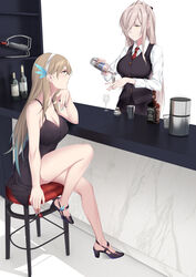  2girls absolut_vodka alcohol alternate_costume bad_id bad_pixiv_id bar_(place) bar_stool bare_legs bartender black_dress black_footwear black_vest blue_eyes blue_hair blue_nails bottle breasts cartonbox_(zhixiang_zhi) cocktail_shaker collared_shirt counter cup dress drinking_glass eyeshadow feather_hair_ornament feathers gradient_hair grey_hair hair_ornament hair_over_one_eye hairband hancock_(warship_girls_r) high_heels highres jack_daniel&#039;s jigger knee_up large_breasts lexington_(cv-16)_(warship_girls_r) liquor long_hair long_sleeves looking_at_another makeup multicolored_hair multiple_girls nail_polish pink_nails platinum_blonde_hair pouring product_placement profile serious shirt short_dress sitting sleeveless sleeveless_dress spaghetti_strap stool strappy_heels vest vodka warship_girls_r whiskey white_hairband white_shirt wine_bottle wine_glass yellow_eyes 