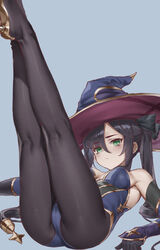  :/ absurdres ass black_gloves black_hair black_pantyhose blue_leotard breasts chinese_commentary choker closed_mouth commentary_request elbow_gloves female genshin_impact gloves gold_footwear gold_trim green_eyes grey_background hat high_heels highres legs_up leotard lin_jingling long_hair lying mona_(genshin_impact) on_back pantyhose simple_background small_breasts solo thighs twintails witch_hat 