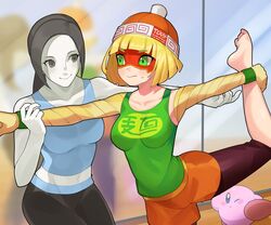  2girls arms_(game) barefoot beanie black_hair blush capri_pants colored_skin crop_top domino_mask eyebrows_visible_through_mask food grey_eyes hat highres katwo kirby kirby_(series) knit_hat mask meandros min_min_(arms) multiple_girls noodles pants ponytail stretching super_smash_bros. tank_top white_skin wii_fit wii_fit_trainer wii_fit_trainer_(female) 