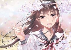  blue_sailor_collar blurry blurry_background brown_eyes brown_hair cherry_blossoms commentary_request female floating_hair flower grey_sailor_collar lips long_hair long_sleeves looking_at_viewer morikura_en neckerchief original outdoors parted_lips petals red_neckerchief sailor_collar school_uniform serafuku shirt solo tree uniform upper_body white_flower white_serafuku white_shirt 