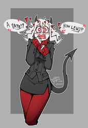  black_horns black_suit black_tail blush border commentary cowboy_shot cropped_legs dated demon_girl demon_horns demon_tail english_commentary english_text female formal grey_background grey_border grey_hair grey_jacket heart heart-shaped_pupils helltaker highres horns irony jacket medium_hair modeus_(helltaker) oerba_yun_fang open_mouth outline outside_border pantyhose red_eyes red_pantyhose red_sweater ribbed_sweater shirt signature simple_background skin_fang sleeves_past_wrists solo speech_bubble spoken_heart suit sweater symbol-shaped_pupils tail turtleneck turtleneck_sweater white_outline za1f0n 