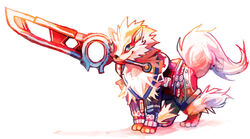  arcanine blue_eyes closed_mouth clothed_pokemon commentary creature english_commentary full_body gen_1_pokemon lady_kuki mouth_hold no_humans pokemon pokemon_(creature) shulk simple_background smile solo standing sword weapon white_background xenoblade_(series) 