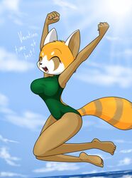  2017 aggretsuko ailurid anthro ass beach big_breasts big_butt breasts brown_body brown_fur closed_eyes clothing curvy_figure detailed_background dialogue digital_media_(artwork) english_text eyelashes feet female fingers fur hi_res hourglass_figure huge_breasts jumping mammal multicolored_body multicolored_fur one-piece_swimsuit orange_body orange_fur outside red_panda retsuko sandwich-anomaly sanrio sea seaside smile solo swimwear teeth text thick_thighs toes tongue voluptuous water white_body white_fur wide_hips 