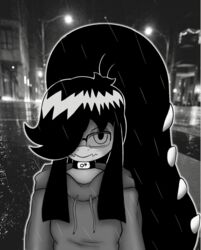  2_mouths anthro choker clothing depression eyewear female generation_3_pokemon glasses hi_res hoodie jewelry looking_at_viewer male_(lore) mawile mhicky93 mhicky_(mhicky93) monochrome multi_mouth necklace nintendo one_eye_obstructed photo_background photography_(artwork) pokemon pokemon_(species) raining solo topwear 