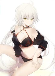  ahoge bikini black_bikini black_choker black_jacket breasts choker cleavage fate/grand_order fate_(series) female jacket jeanne_d&#039;arc_alter_(fate) jeanne_d&#039;arc_alter_(swimsuit_berserker)_(fate) large_breasts long_hair lpip navel o-ring o-ring_bikini o-ring_bottom o-ring_top shrug_(clothing) solo swimsuit very_long_hair white_background white_hair yellow_eyes 