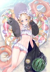  abigail_williams_(fate) abigail_williams_(swimsuit_foreigner)_(fate) abigail_williams_(swimsuit_foreigner)_(third_ascension)_(fate) absurdres animal arm_behind_head armpits bare_shoulders bikini bikini_skirt black_jacket blonde_hair blue_eyes blush bonnet bow breasts closed_mouth fate/grand_order fate_(series) feline female food forehead fruit hairbow highres holding innertube jacket long_hair looking_at_viewer lying navel on_back parted_bangs scan sidelocks simple_background skirt small_breasts smile solo stomach suzuho_hotaru swim_ring swimsuit thighs twintails very_long_hair water watermelon white_bikini white_bow white_headwear 