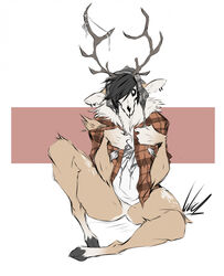  american_mythology anthro antlers black_hair black_sclera bone bottomless bottomless_anthro bottomless_male brown_body brown_fur clothed clothing dullvivid ear_piercing ear_ring featureless_crotch flannel_shirt fur gwendigo_(dullvivid) hair hi_res hooves horn indigenous_north_american_mythology male markings multicolored_body multicolored_fur mythology neck_tuft north_american_mythology piercing ring_piercing shirt skull skull_head solo spots spotted_body spotted_fur spotted_markings t-shirt tan_body tan_fur tan_spots topwear tuft two_tone_body two_tone_fur wendigo wide_eyed winter_hat 