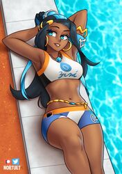  1girls black_hair blue_eyes breasts clothed clothing dark-skinned_female dark_skin female_focus female_only long_hair medium_breasts navel nessa_(pokemon) nortuet on_back pokemon pokemon_ss pool pose revealing_clothes smile solo watermark wide_hips 