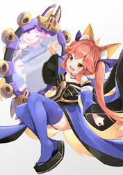  :d absurdres aged_down animal_ear_fluff animal_ears black_bow black_footwear blue_kimono blue_sleeves blue_thighhighs blush bow brown_eyes commentary_request detached_sleeves fate/extra fate_(series) female fox_ears fox_girl fox_tail full_body gradient_background grey_background highres japanese_clothes kimono kobi_(piliheros2000) long_hair long_sleeves mirror obi oerba_yun_fang open_mouth photoshop_(medium) pink_hair reflection sandals sash smile solo strapless striped striped_bow suiten_nikkou_amaterasu_yanoshisu_ishi tail tamamo_(fate) tamamo_no_mae_(fate/extra) thighhighs twintails very_long_hair white_background wide_sleeves zouri 