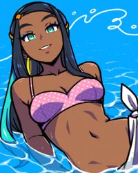  akairiot bare_shoulders bikini black_hair blue_eyes blue_hair dark-skinned_female dark_skin earrings female groin halftone highres jewelry lips lipstick long_hair makeup multicolored_hair navel nessa_(pokemon) pokemon pokemon_swsh polka_dot polka_dot_bikini solo swimsuit water 