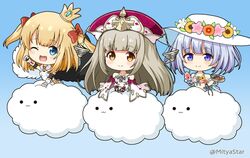  3girls :3 ;d asymmetrical_wings bare_shoulders bikini black_wings blonde_hair blue_background blue_bikini blue_eyes blue_hair blush bow breasts brown_eyes brown_hair chibi closed_mouth cloud collarbone commentary_request crown cup disposable_cup dress elbow_gloves feathered_wings flower food fur_collar gauntlets gloves gradient_background grey_hair hairbow hat hat_flower holding holding_cup holding_plate keyhole kooribata long_hair looking_at_viewer loussier_ellerensia marl_(shironeko_project) medium_breasts mini_crown mismatched_wings mitya multiple_girls one_eye_closed open_mouth outstretched_arm pink_flower plate purple_headwear red_bow red_headwear shaved_ice shironeko_project sleeveless sleeveless_dress small_breasts smile solid_circle_eyes strapless strapless_dress sun_hat swimsuit tilted_headwear tina_topia twitter_username two_side_up very_long_hair white_bikini white_dress white_flower white_gloves white_headwear white_wings wings yellow_flower 