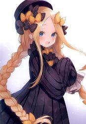  abigail_williams_(fate) absurdres blonde_hair blue_eyes blush bow braid detached_sleeves dress fate/grand_order fate_(series) female forehead gradient_background hairbow hands_up hat highres lolicon long_hair long_sleeves looking_at_viewer multiple_hair_bows open_mouth parted_bangs ribbed_dress scan simple_background sleeves_past_wrists smile solo suzuho_hotaru twin_braids twintails white_background 