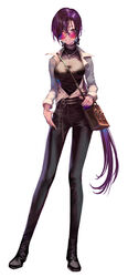  absurdres bag between_breasts breasts female full_body hair_over_one_eye handbag highres jacket jewelry kanashi_kumo leather leather_pants looking_at_viewer necklace original pants purple_eyes purple_hair short_hair smile solo strap_between_breasts sunglasses thumb_in_pocket turtleneck white_jacket 